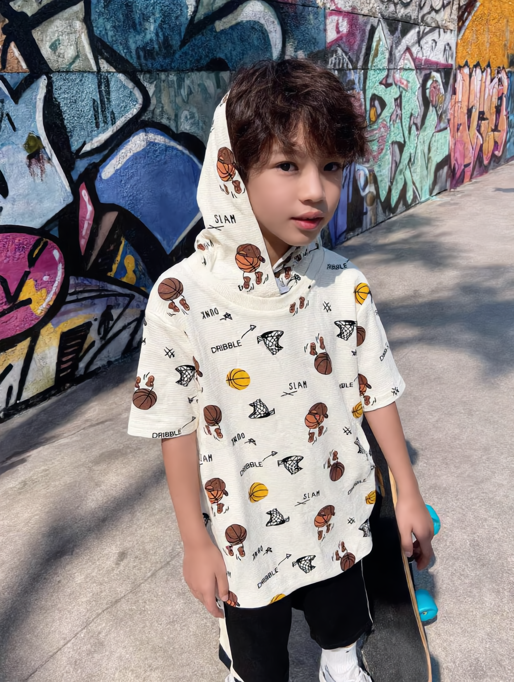 Boys Cream Basketball Print Short-Sleeve Hooded T-Shirt